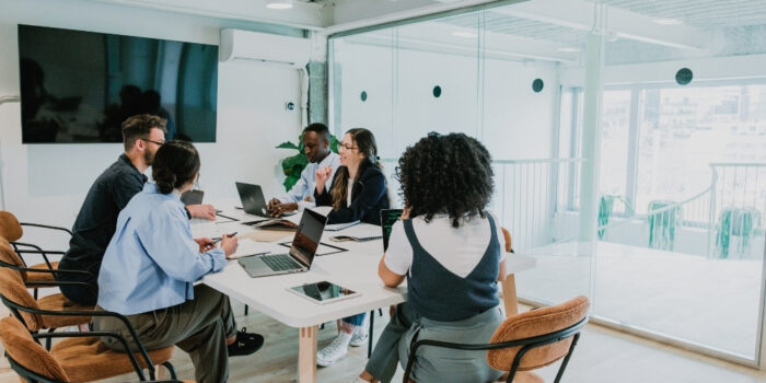 A professional team meeting in an office