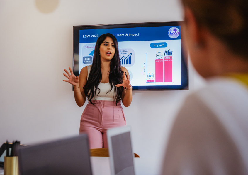 Professional delivering a confident public speaking presentation to an audience